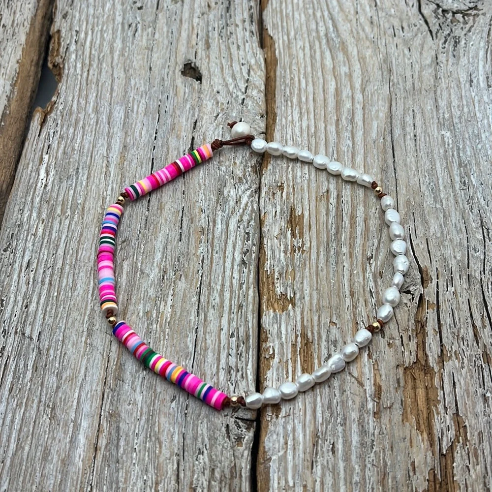 Seaside Pearls Monica Freshwater Pearl Heishi Beaded Leather Choker Necklace New - Picture 1 of 3